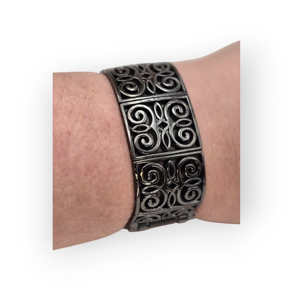 Dark Filigree Scrollwork Hinged Cuff Vintage Brac… - image 1